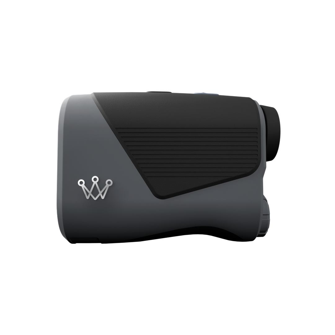 A compact, black and gray device with a minimalistic design and a logo featuring a stylized crown on the side.
