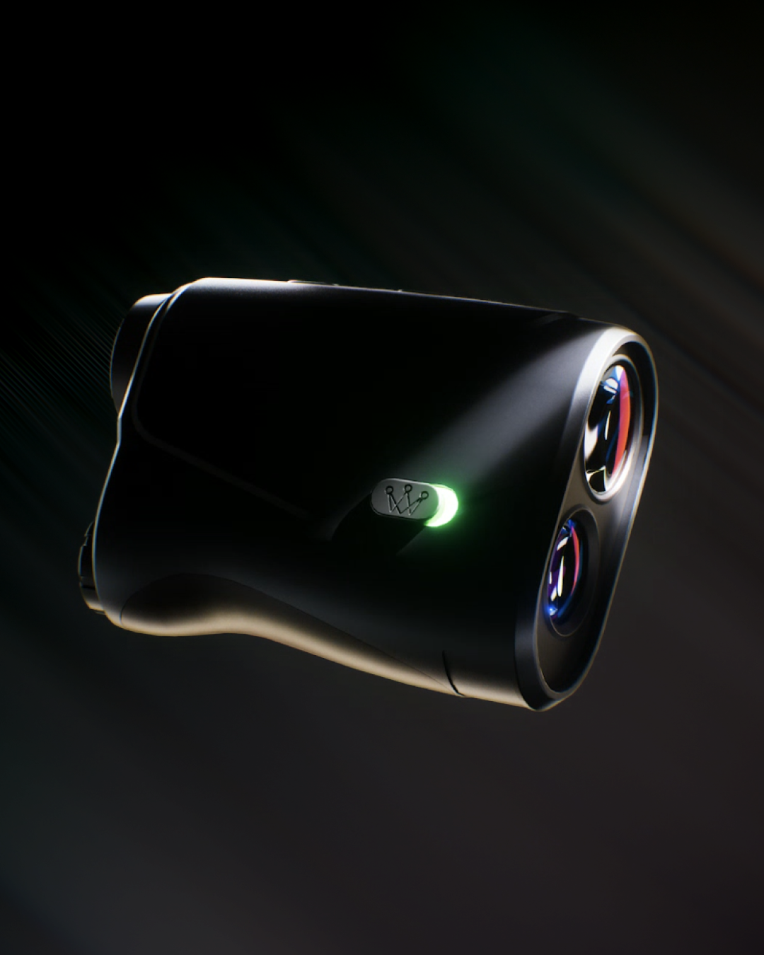 A high-end compact camera with a sleek black body, illuminated by a green light near the lens, featuring two prominent lenses with colorful reflections, set against a dark background.