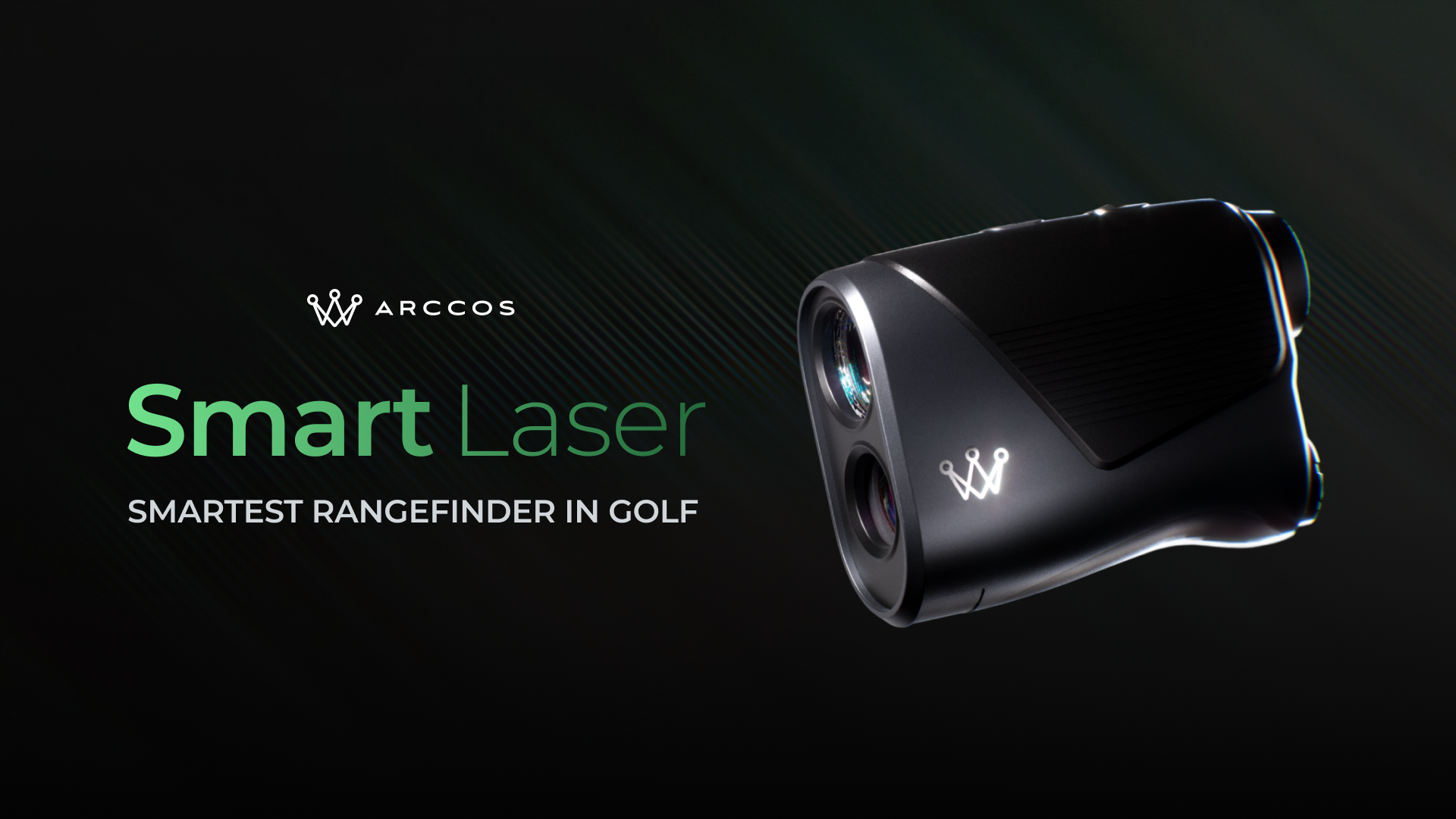 A black golf laser rangefinder with dual lenses and a small white logo on its side, positioned on the right side of the image, with the text "Smart Laser" and "Smarter Rangefinder in Golf" on the left.