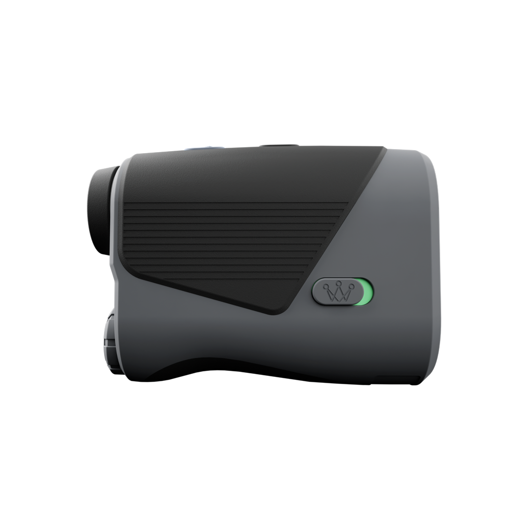 A black and gray golf laser rangefinder with a green toggle switch.