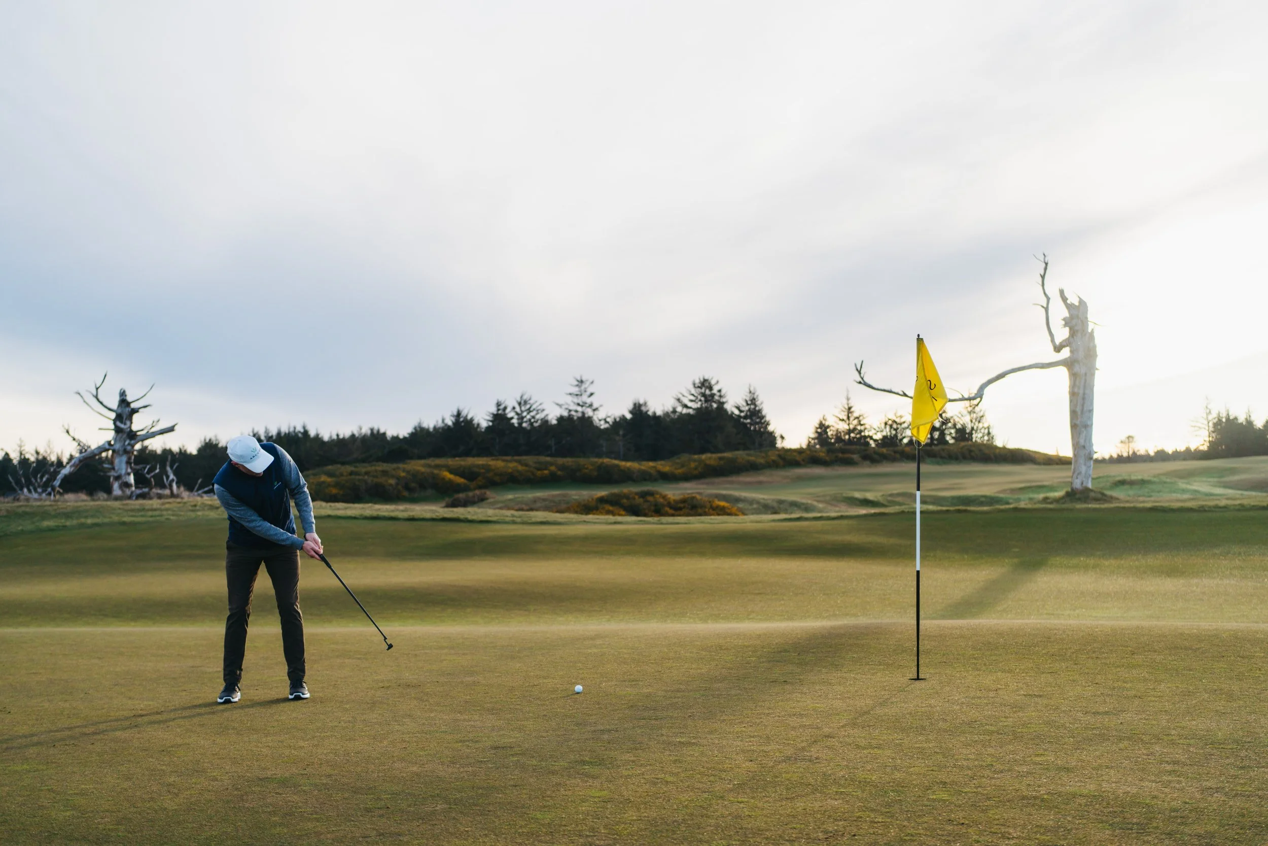 A person in a hat playing golf on a green near a flagstick with a yellow flag, in a landscape with leafless trees and hills under a cloudy sky.
