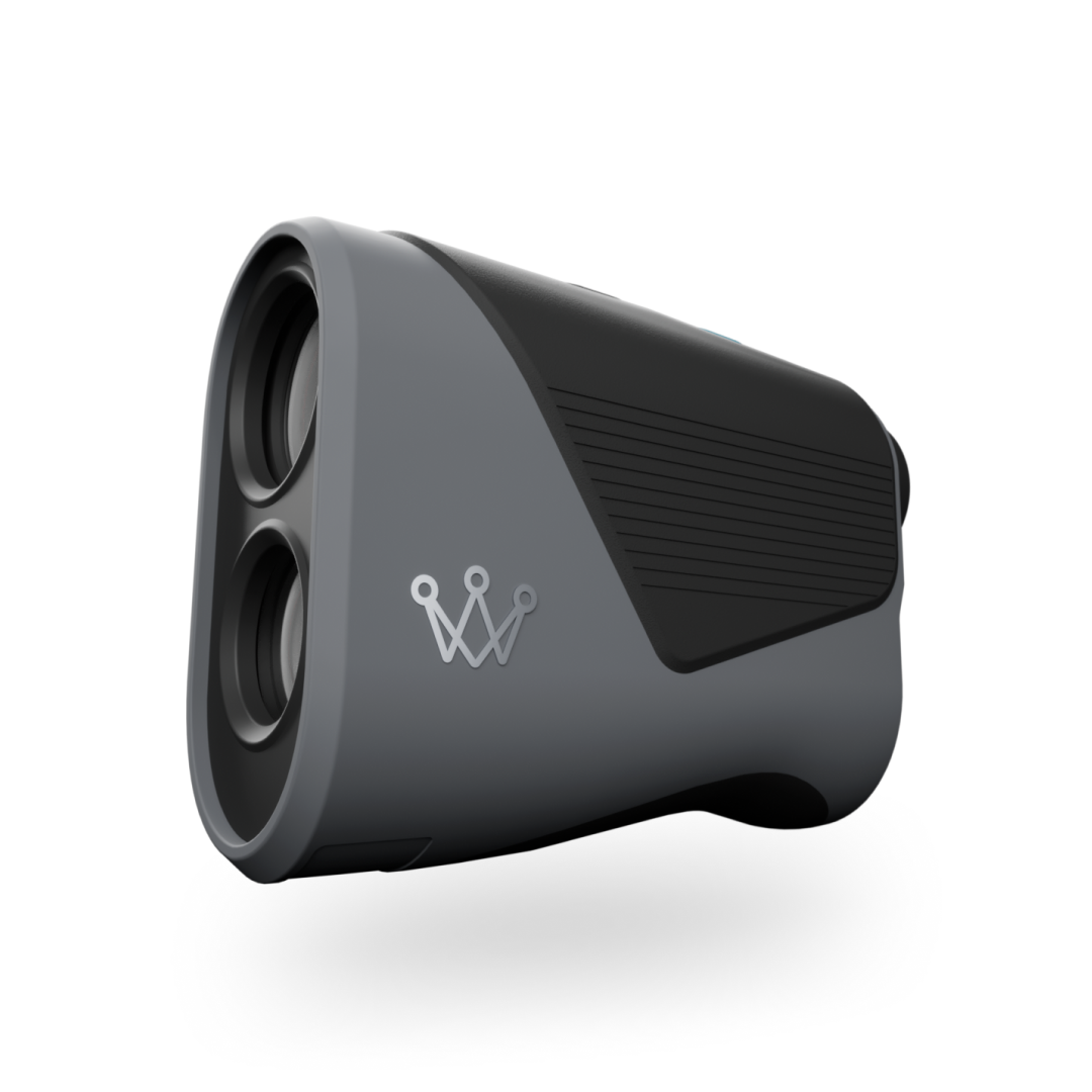 A portable black and gray speaker with a logo on the front and side ribbed design.