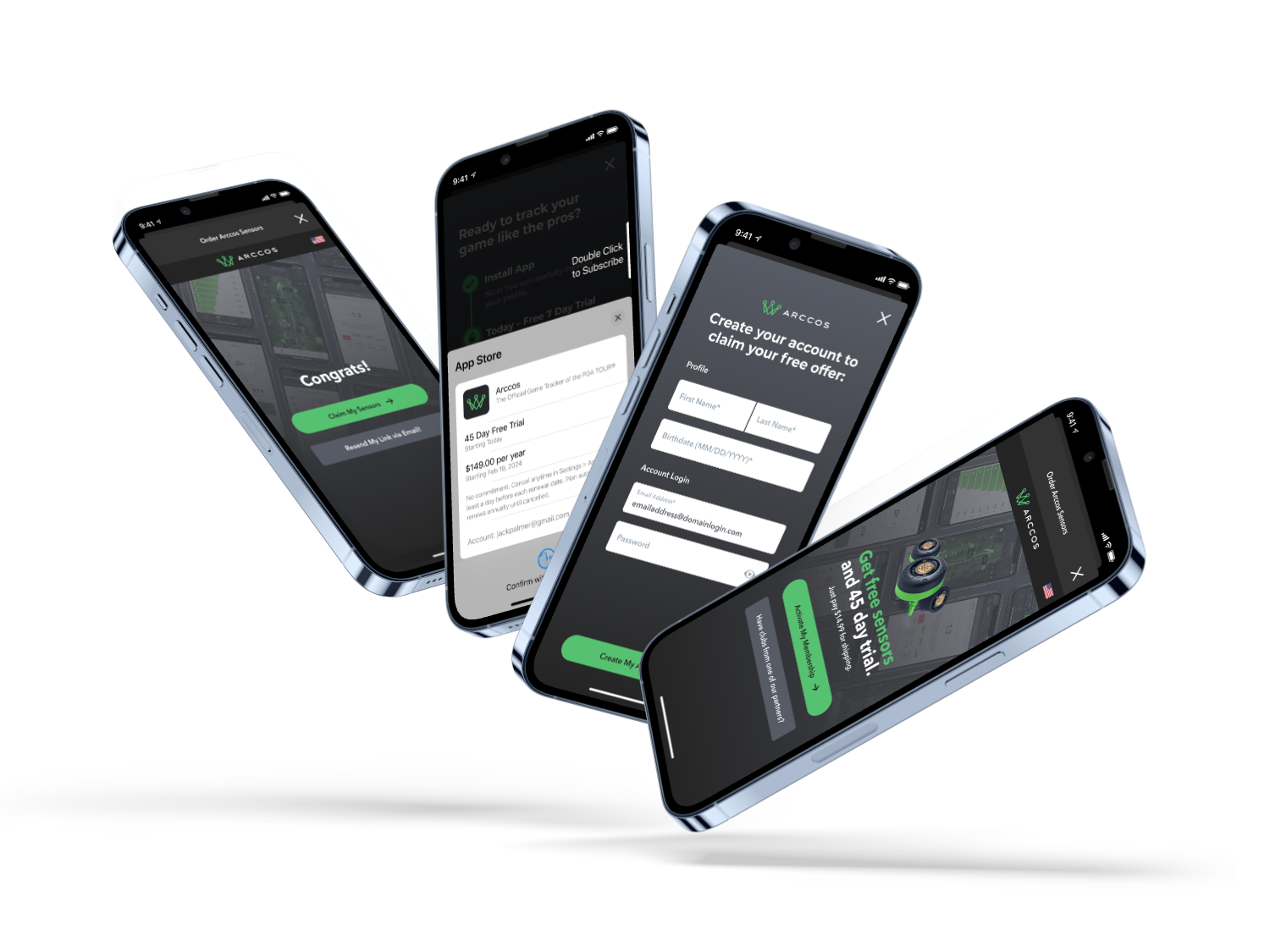 Four smartphones floating in midair displaying a gaming app called ArcCos, showcasing account creation, app download, and game tracking screens.