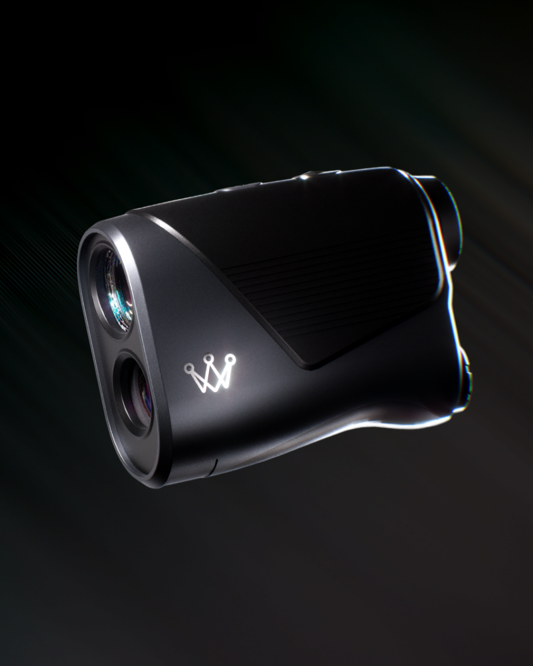 A black and silver camera with dual lenses, featuring a crown logo illuminated on the side, floating in a dark background with subtle lighting.