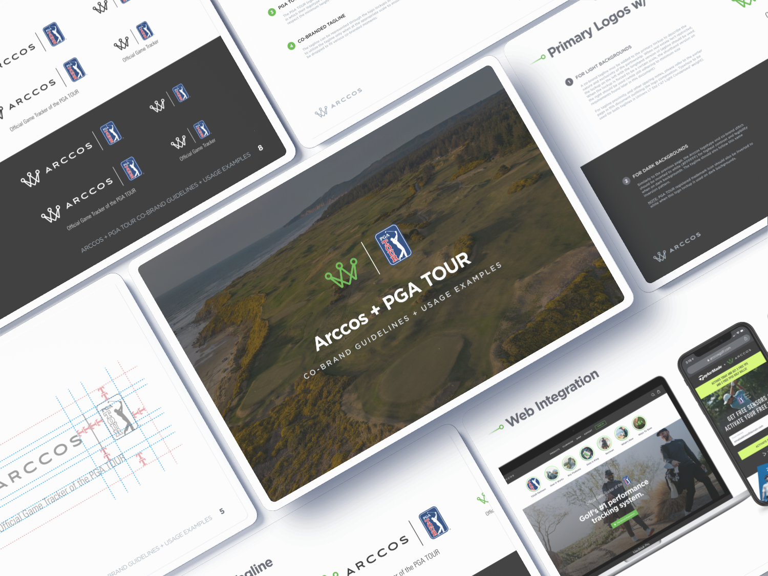 Collection of presentation slides for Arcos and PGA Tour, featuring logos, golf course aerial view, branding guidelines, and digital platform interface.