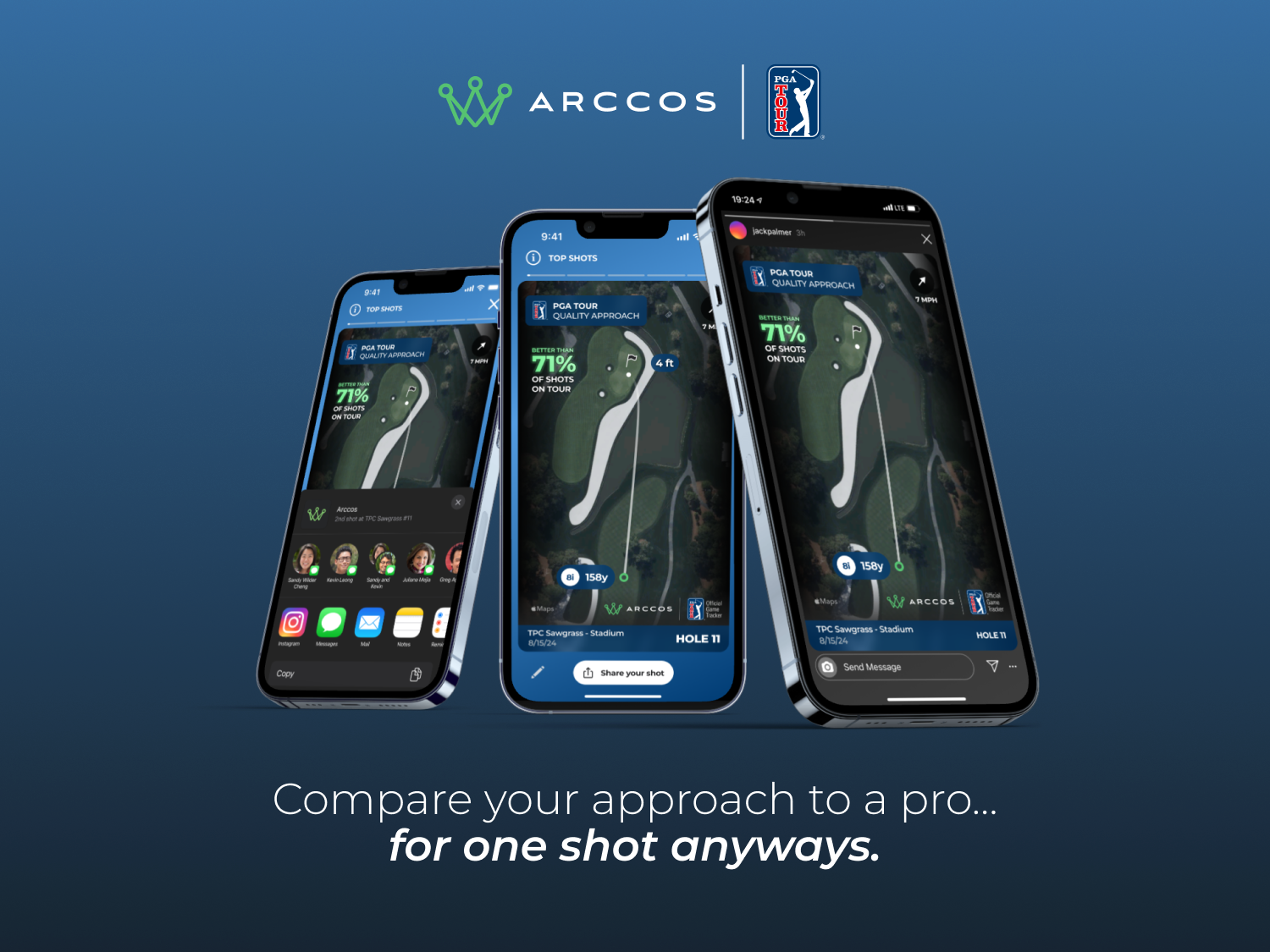 Three smartphones displaying golf shot tracking app with golf course layout and shot statistics, over a blue background with logos of ARCCOS and PGA Tour.