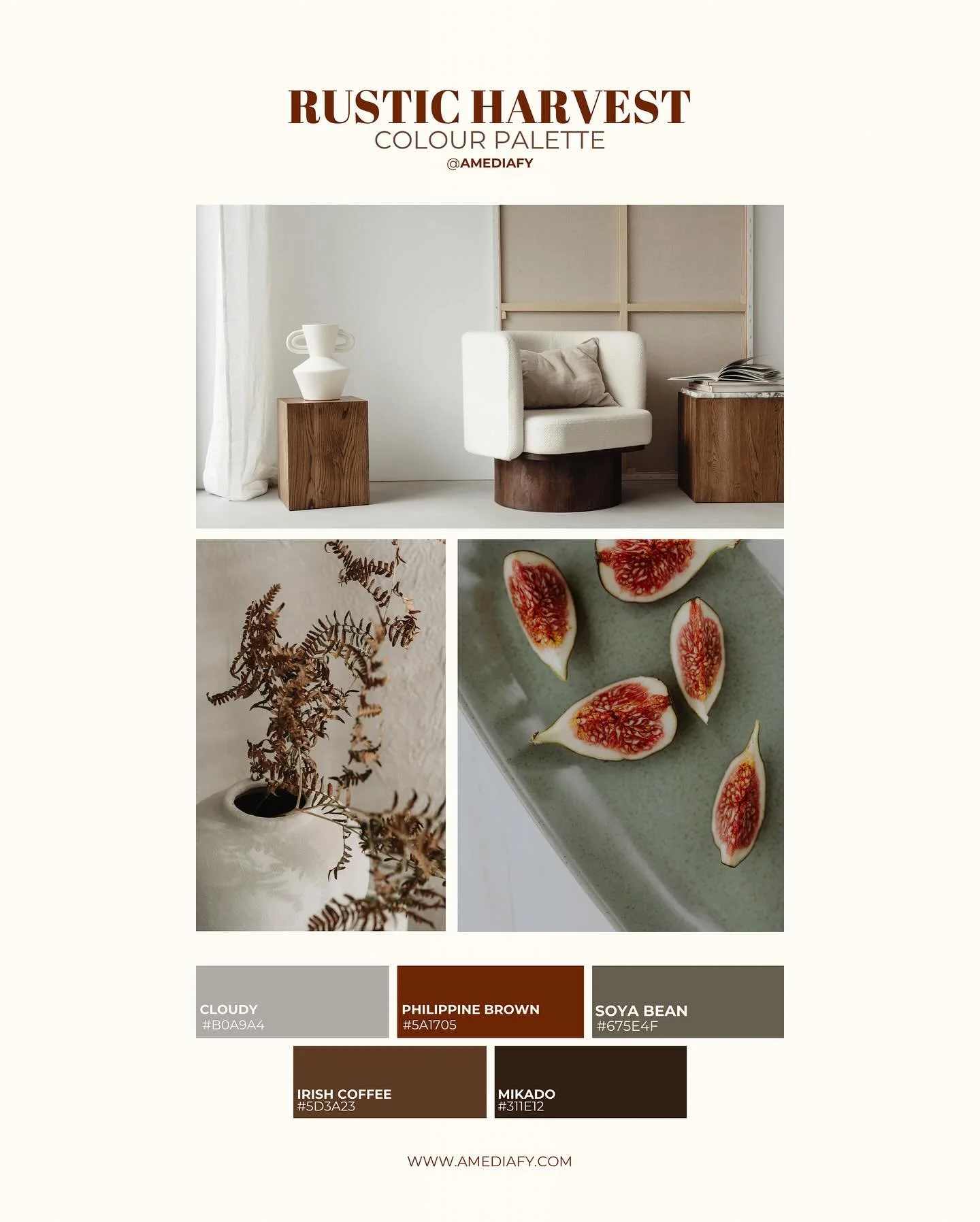 🍂 Earthy, cozy, and timeless. Meet Rustic Harvest, a warm palette inspired by nature&rsquo;s organic beauty.

Which shade is your favorite? 

#AMediafy #PaletteInspo #RusticHarvest #ColourPalette