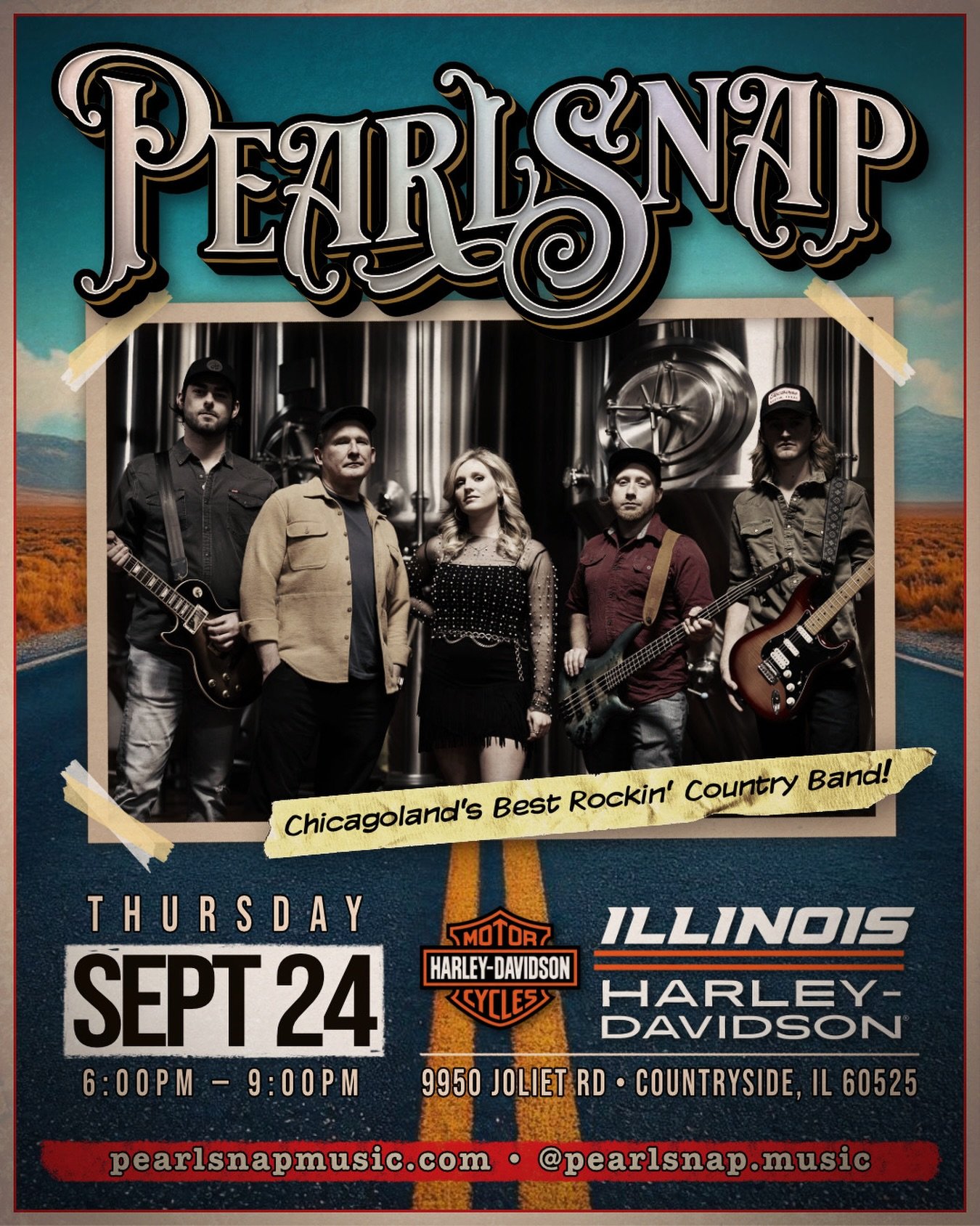 We are excited to announce that we will be playing the @illinoisharleydavidson September Bike Night this Thursday, 9/24!

We would also like to give a special shoutout to the very talented @courtneyjurickmusic, who will be stepping in with Pearlsnap 