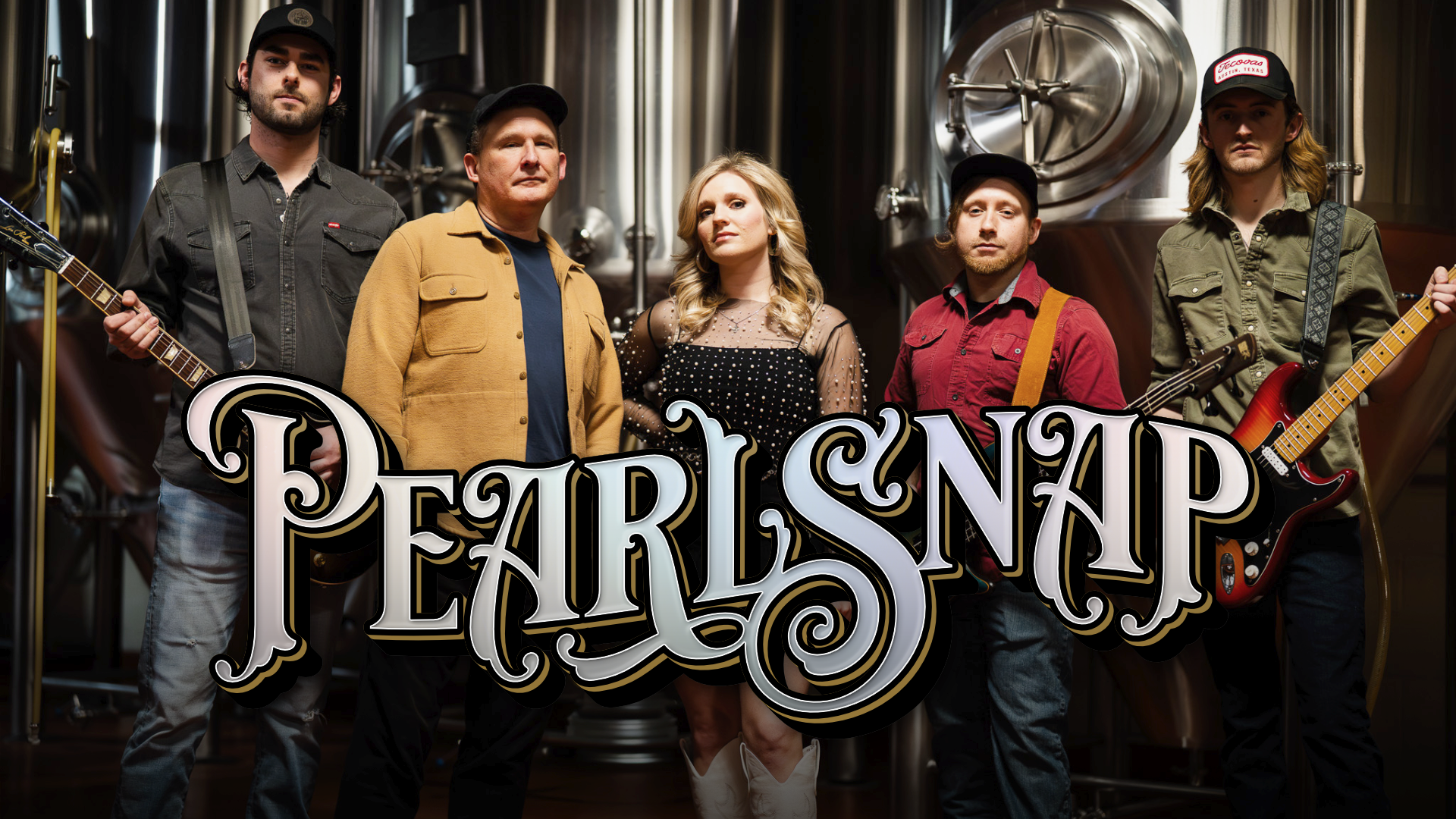 The five members of Pearlsnap, Chicagoland's best rockin' country band, posing for a photo in an industrial setting with a text logo overlaid.