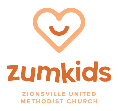 Logo featuring a heart with a smiley face and the text 'zumkids' below, along with 'ZIONSVILLE UNITED METHODIST CHURCH' in smaller letters.