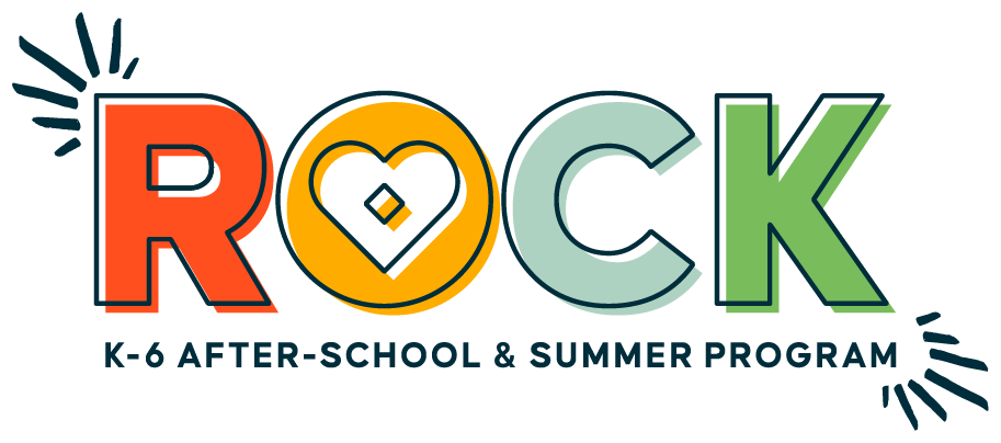 Colorful logo for ROCKET K-6 after-school and summer program with a heart and sunshine symbols.