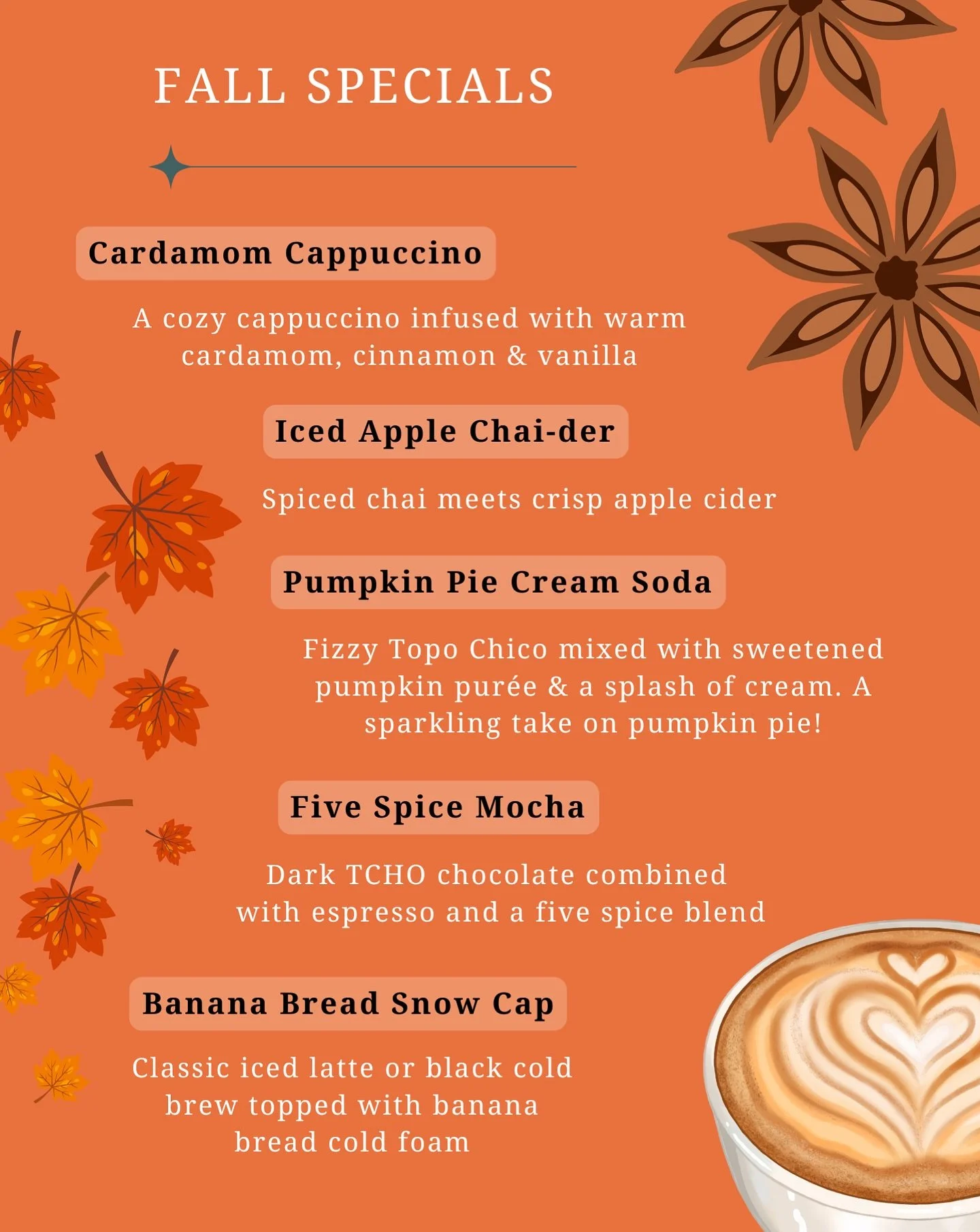 We&rsquo;re swapping out summer flavors for cozy fall creations like our popular cardamom syrup from last year and a brand new banana bread cold foam 🍌 We&rsquo;ve also added a seasonal mocha rich with warming spices! 🍫