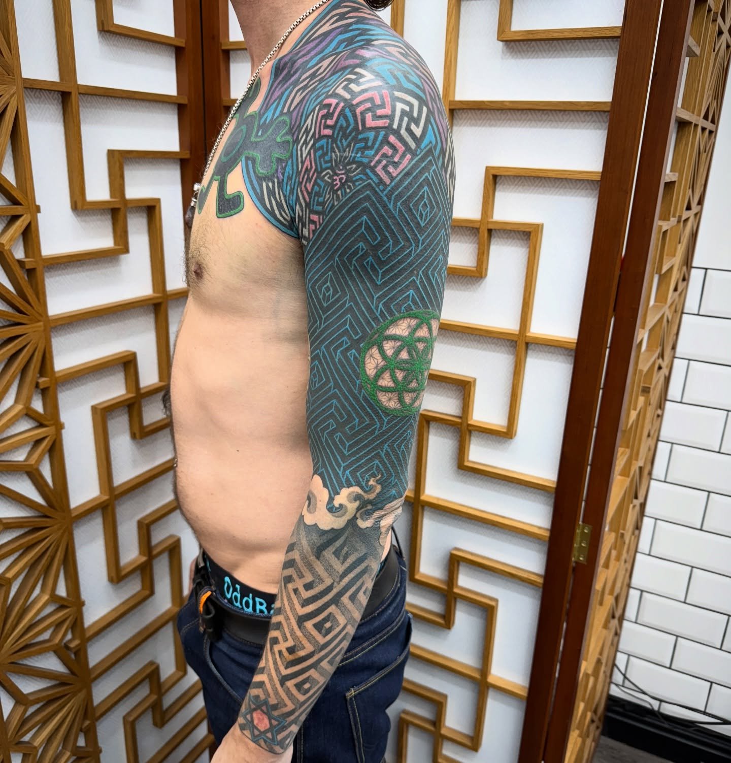 Dan came in at the end of May with the intention of creating a consistent sleeve, to do this we covered up some of his old bits and bobs and ended up here so far&hellip;
We will add some outlines to the existing previous symbols and will also put som