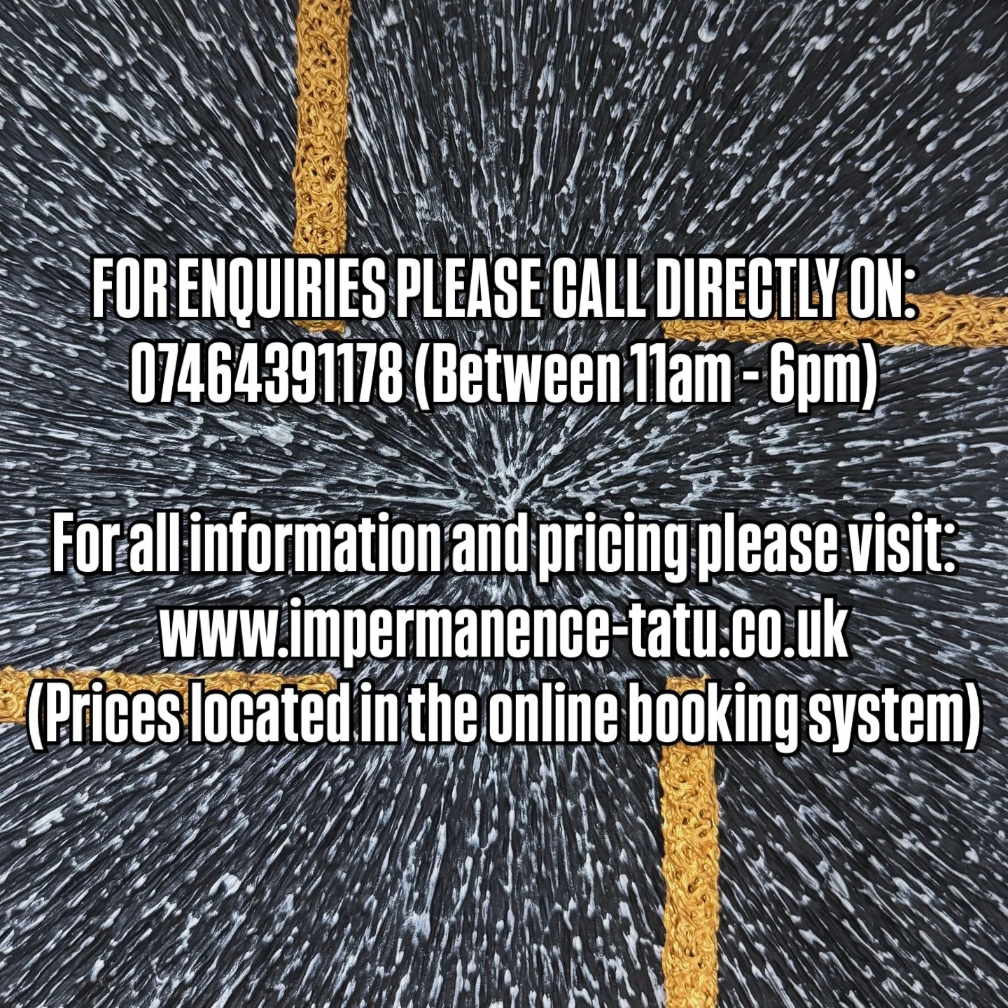 I do not check social media inboxes.
Please call me directly for any enquiries.
Book yourself in using my online booking system.
https://www.impermanence-tatu.co.uk/appointments