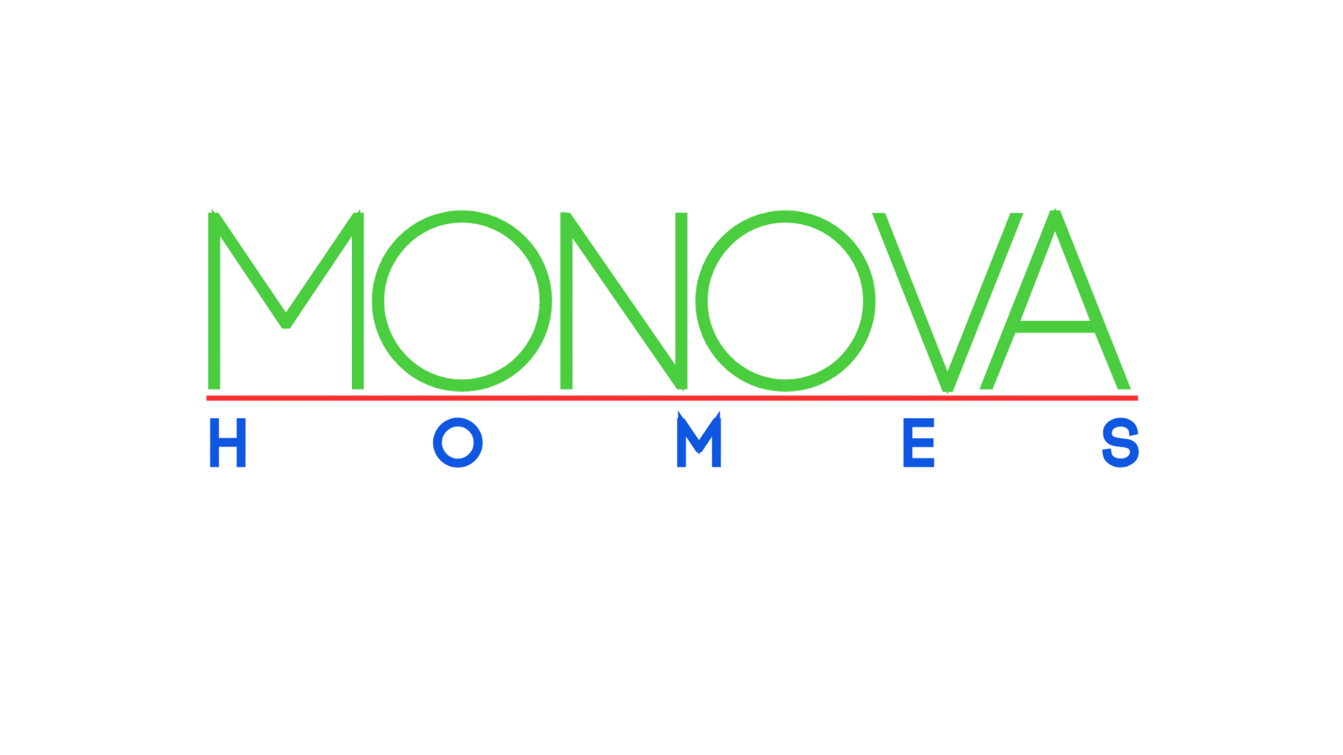 Colorful logo for Monova Homes, with the company name in green and the word 'Homes' written below in blue, separated by a red line.
