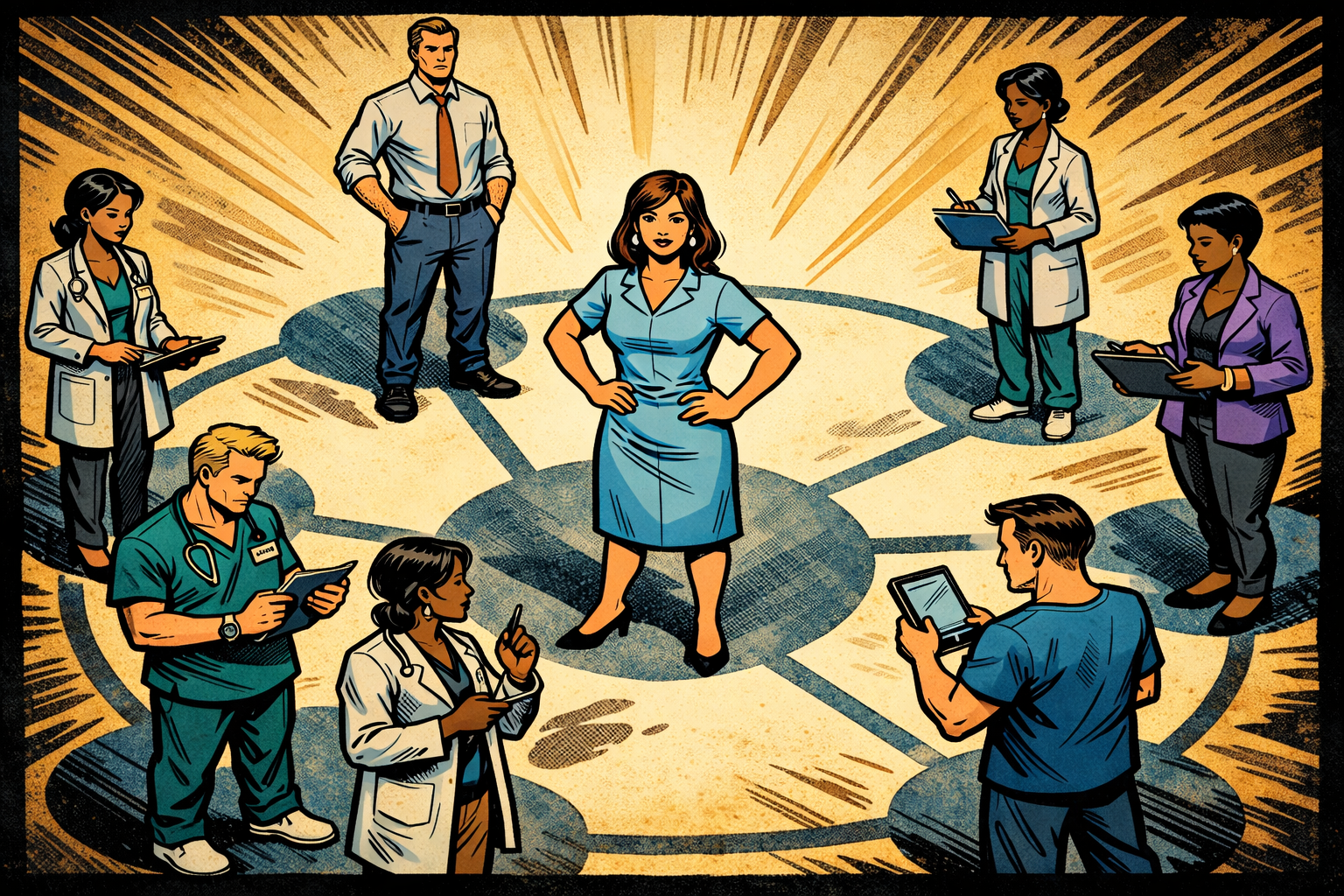 Illustration of a multidisciplinary clinical research team gathered around a patient at the center, representing patient-centred research and collaborative study design.