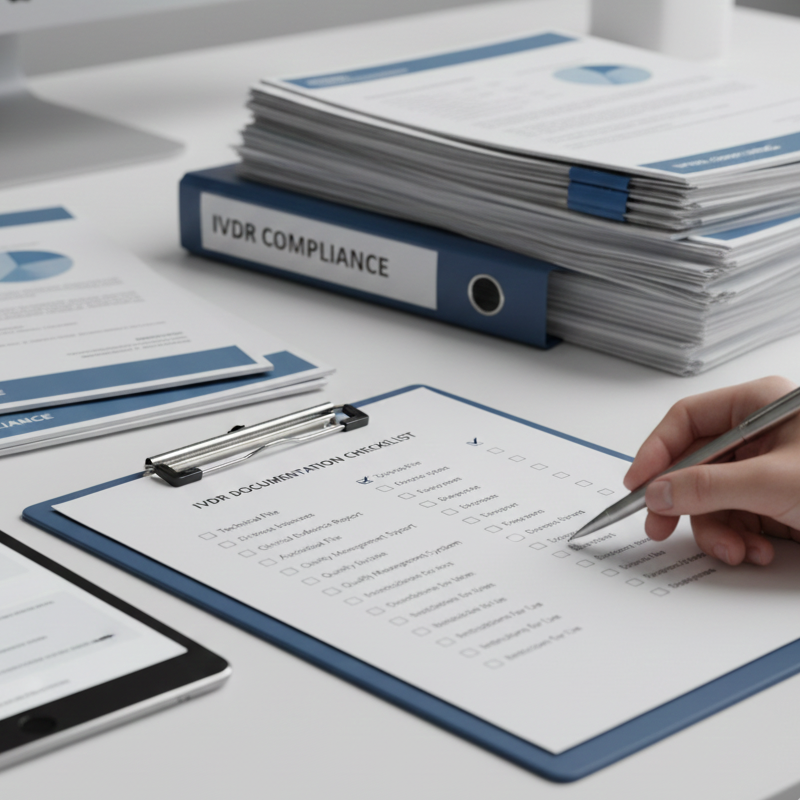 A person checks off items on an IVDR documentation checklist on a clipboard, surrounded by a binder labeled 'IVDR Compliance' and stacks of documents.