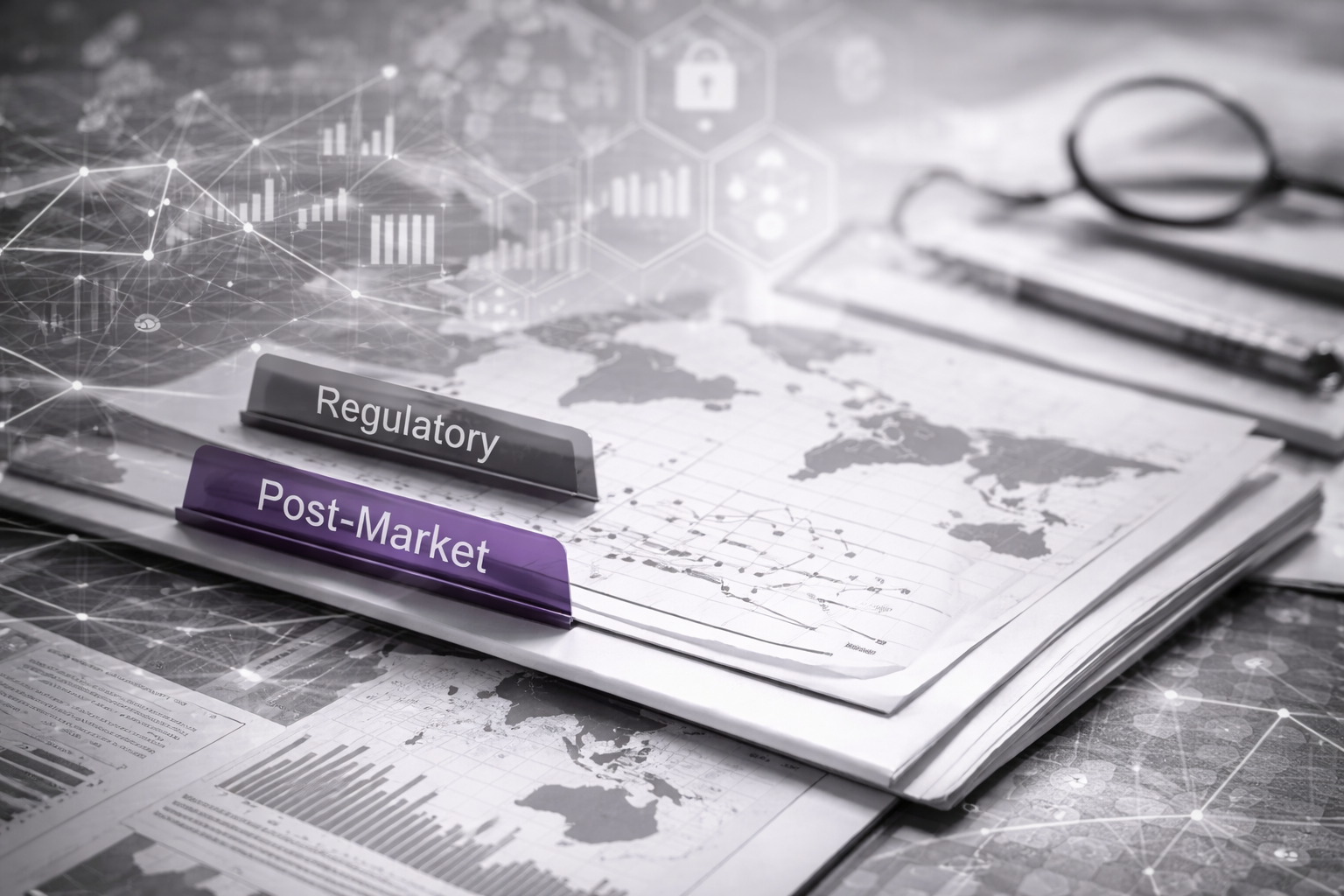 Stack of papers on a desk with a world map, office supplies, and a digital overlay of graphs and icons, labeled 'Regulatory' and 'Post-Market'.