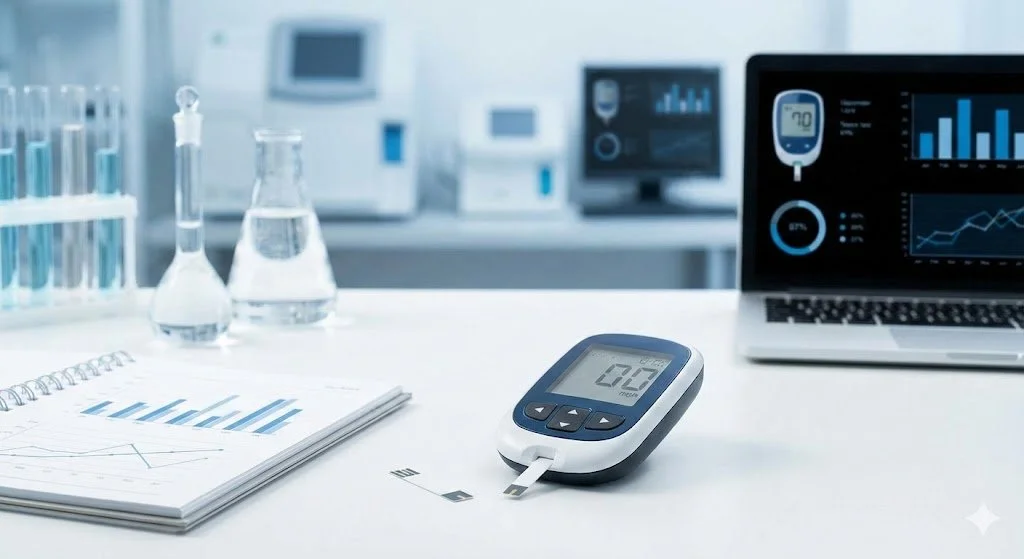 Blood glucose meter, test tubes, and scientific lab equipment on a lab table with charts and monitors in the background.