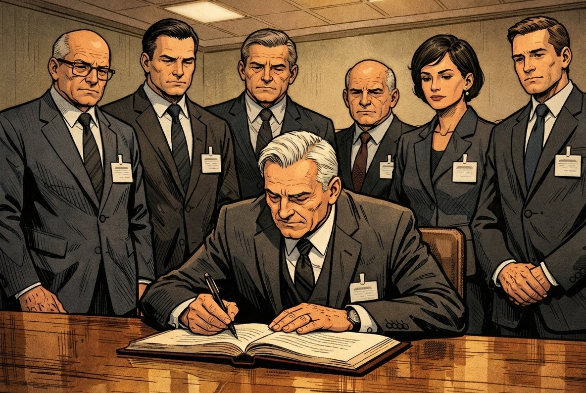 Illustration of a formal committee signing a research ethics document, symbolizing the Declaration of Helsinki and ethical principles in clinical research.