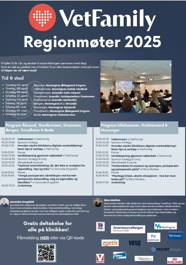 Informasjonsside om VetFamily Regionmøter 2025 med program og deltakere i Norge.