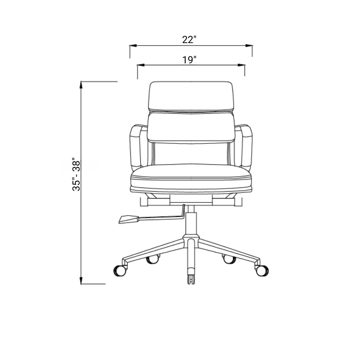 Mid-back executive desk chair with black leather cushions and polished aluminum arms