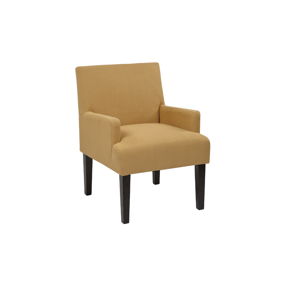 Contemporary guest chair with box spring seat, espresso wood legs, and easy-care fabric.  Perfect for offices or reception areas
