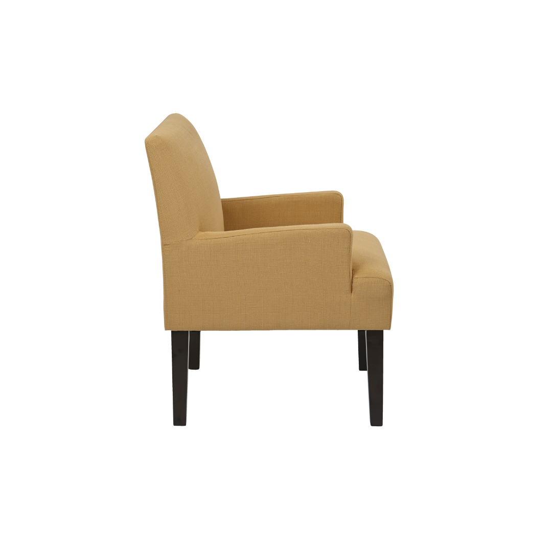 Brown upholstered guest chair with square arms and modern silhouette