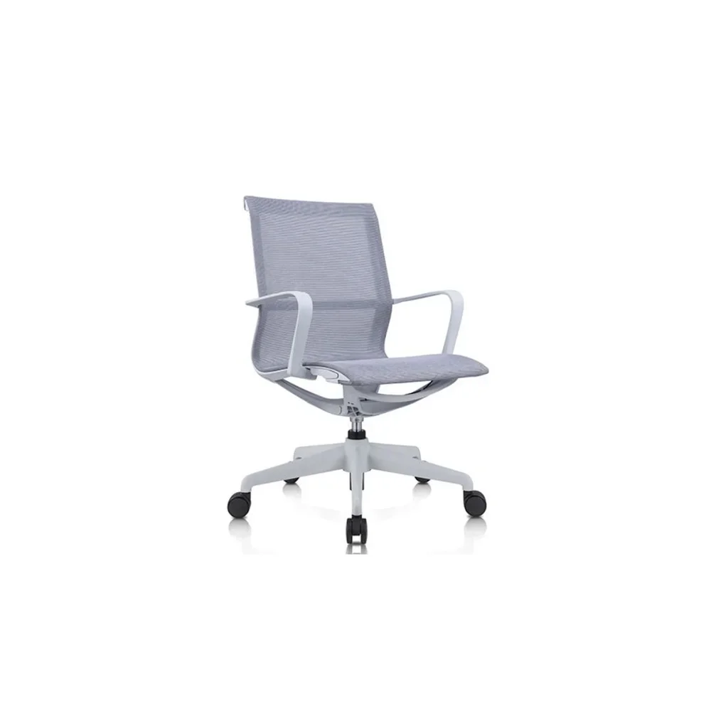 Gray mesh ergonomic office chair with lumbar support, rolling base, and armrests