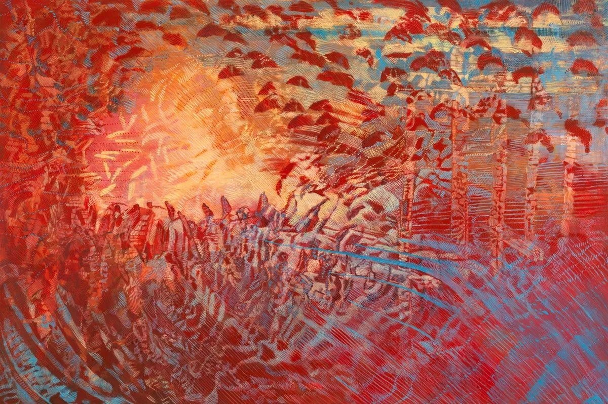 egg tempera painting with red background and blue accents and a central image in the center that is a lighter yellow that forms appear to be moving towards