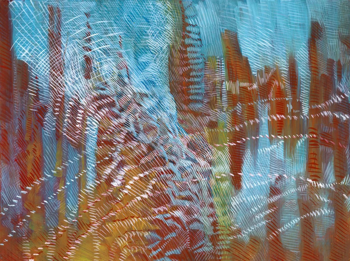 Travelogues: Mid-Coast, Egg Tempera on Panel, 2025, 12" H x 16" W. Maren Brown, artist. Photo credit: Jim Gipe, Pivot Media. Featured in exhibition, The Connected Unconscious at Jo Smith Gallery and Studio, May, 2026.