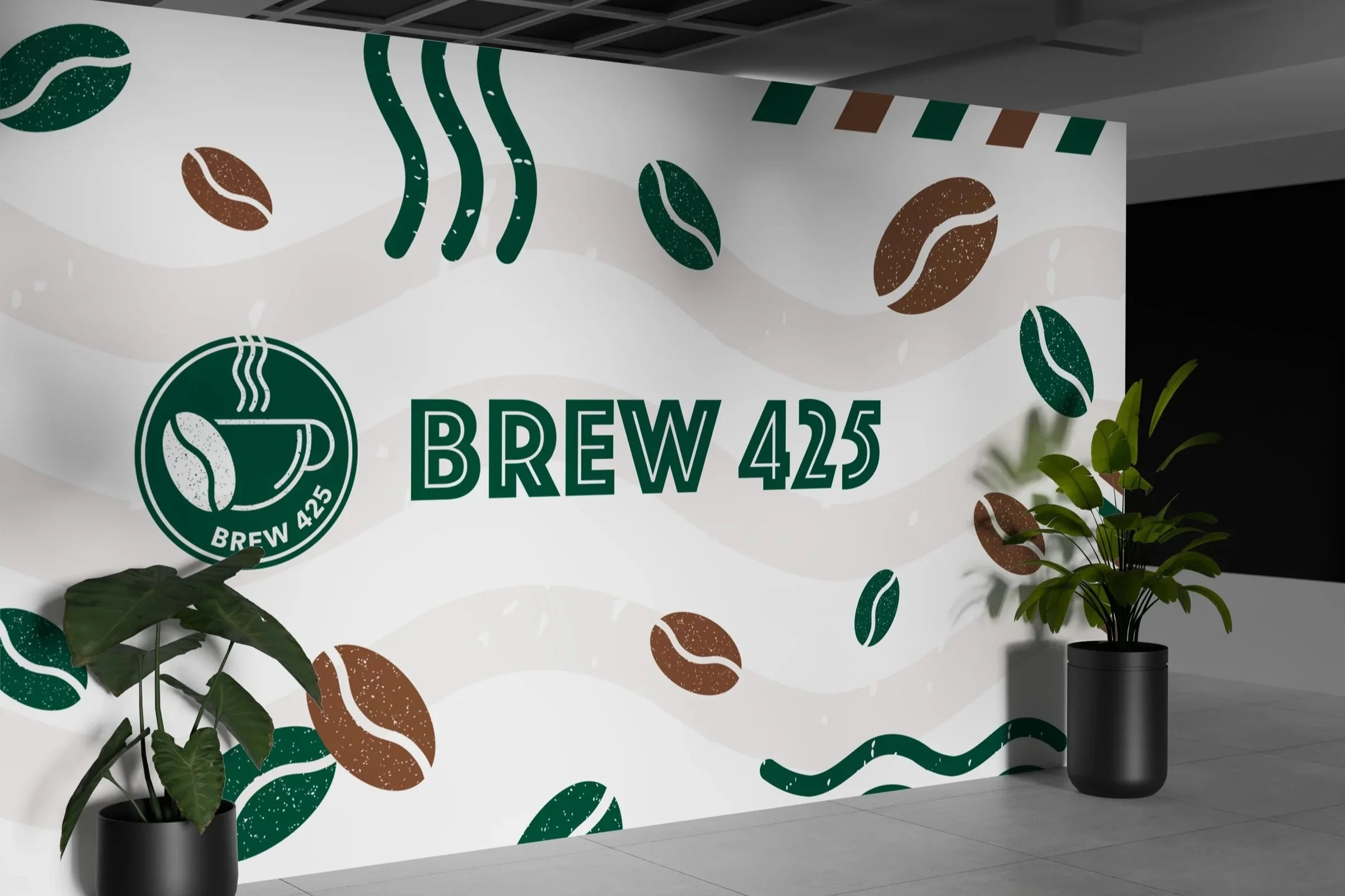 Interior wall installation for campus coffee shop "BREW 425" (logo and wordmark designed by a coworker)