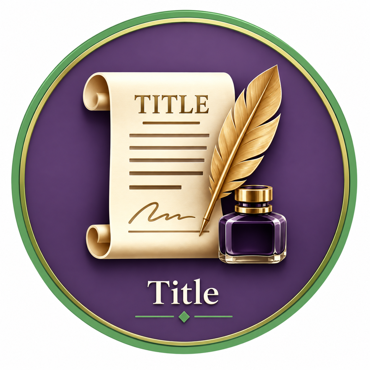 A decorative emblem featuring a scroll with the word 'TITLE', a gold feather quill, and an ink bottle set against a purple background with a green border.
