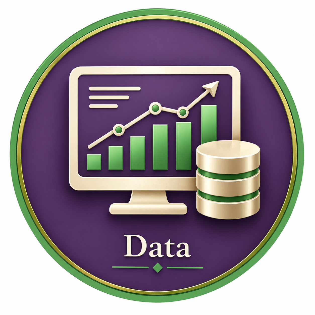 A graphic featuring a computer monitor with a rising green bar graph and an upward trending line graph, alongside a stack of gold coins with green bands, all inside a circular green and gold border with the word 'Data' below.