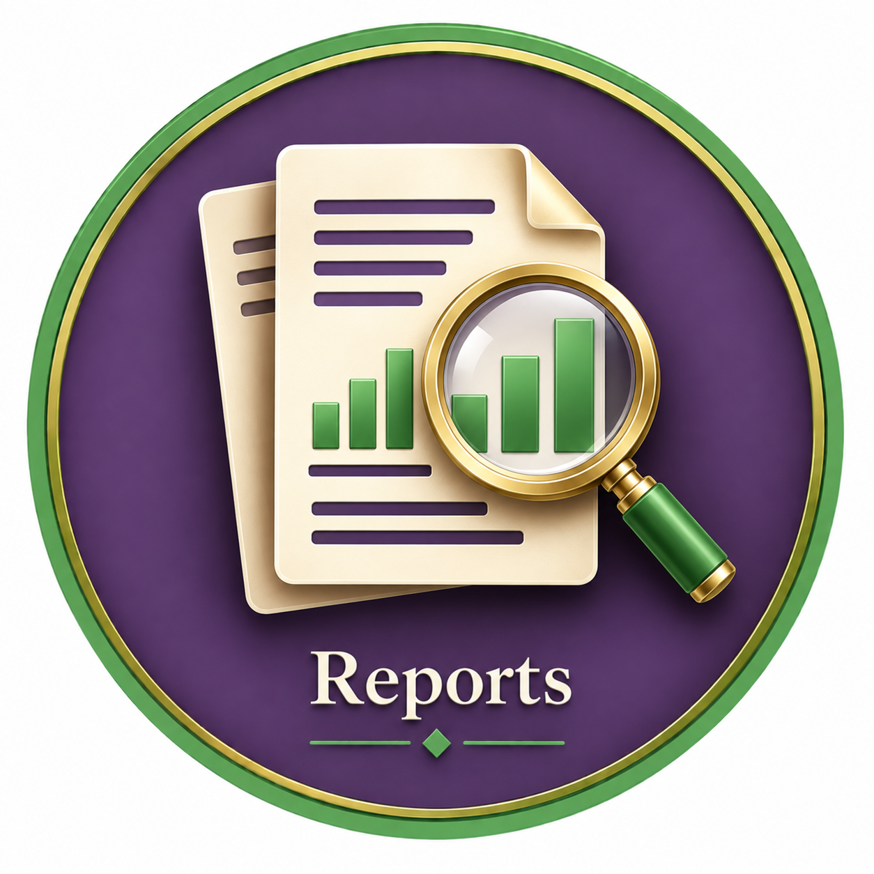 A round badge with a green border and purple background featuring two documents with a bar graph and a magnifying glass examining the graph, and the word 'Reports' at the bottom.