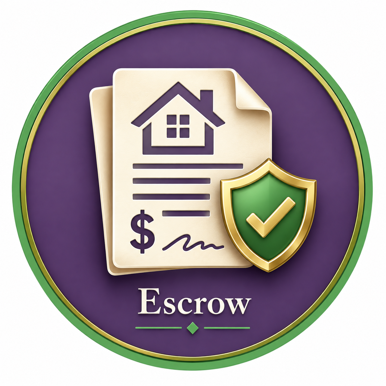 Icon representing escrow services with a document featuring a house, a dollar sign, and a signature, shield with a check mark, and the word 'Escrow' below.