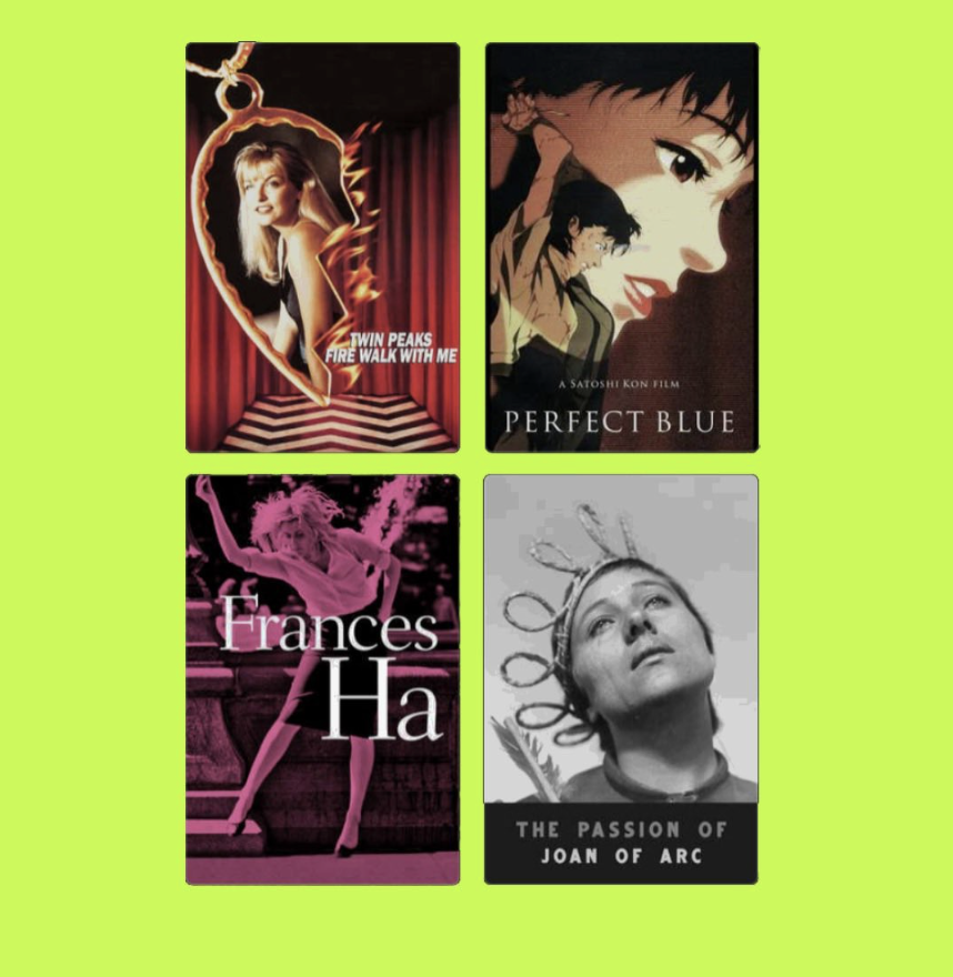 A digital collage of four different book covers on a lime green background. Top left is a cover with a woman and a heart-shaped lightning bolt, titled 'Twin Peaks Fire Walk With Me.' Top right is a graphic novel cover with an anime-style woman and a 