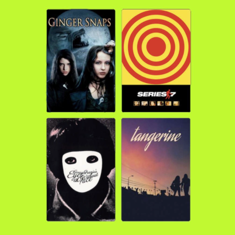 A collage of four images on a bright green background: a movie poster for 'Ginger Snaps' featuring two young women and a werewolf, a yellow and red concentric circle graphic with 'Series 7' text, a black and white photo of a person wearing a mask wit