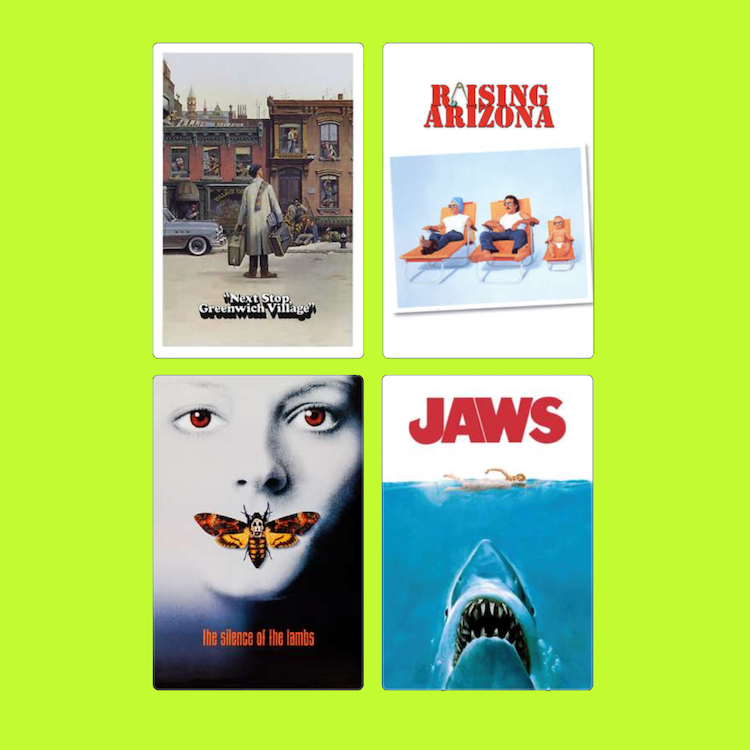 A collage of four movie posters: 'Next Stop Greenwich Village,' 'Raising Arizona,' 'The Silence of the Lambs,' and 'Jaws,' arranged in a 2x2 grid with a light green background.