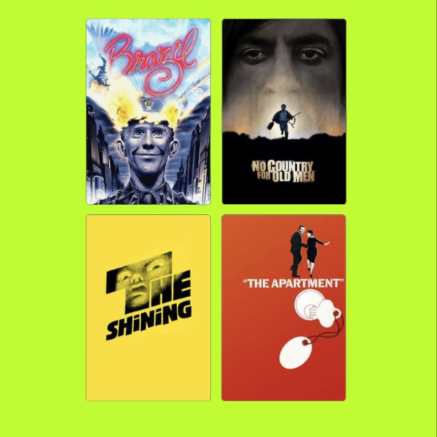 Collection of four movie posters: Top left is a colorful poster for "Brazil" featuring a smiling man with a surreal background; top right is a dark poster for "No Country for Old Men" showing a man walking with a weapon and a large face in the backgr