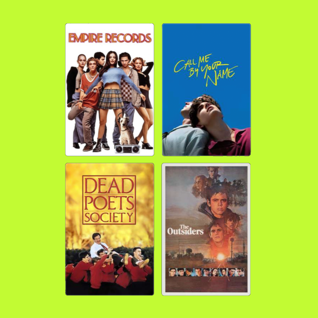A collection of four different movie posters with a lime green background. Top left: "Empire Records" featuring a group of young people, one with a dog and a boombox. Top right: "Call Me By Your Name" showing two young men leaning back, one with a ha