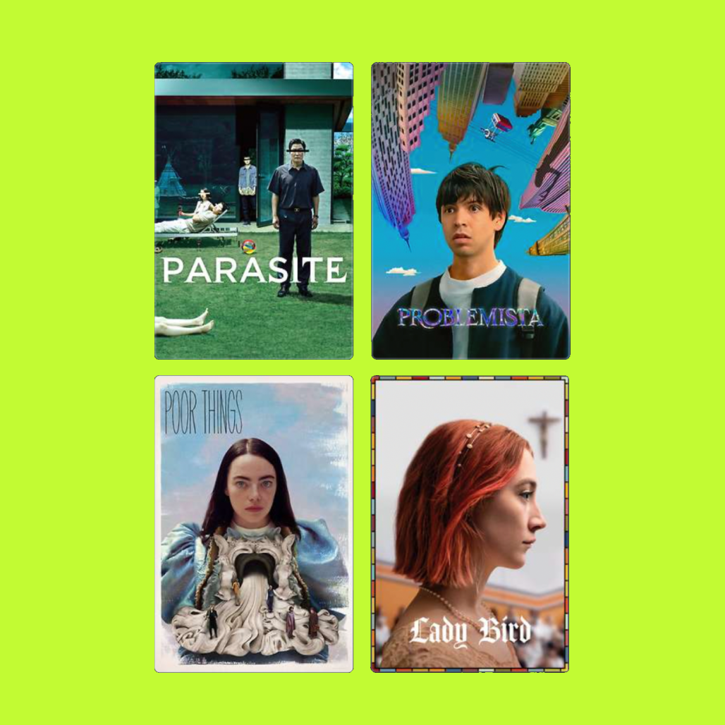 Four book covers are displayed on a light green background. The top left cover is for "Parasite," showing a man and children in a modern house yard. The top right cover is for "Problemixta," featuring a young man with an urban cityscape upside down b