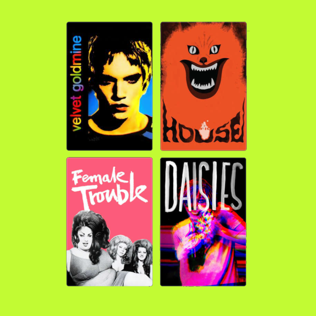 Four colorful posters arranged in a grid: the first features a stylized portrait of a young man with the words "Velvet Goldmine"; the second shows a cartoonish orange cat with a wide grin and the word "House"; the third depicts three women in black-a