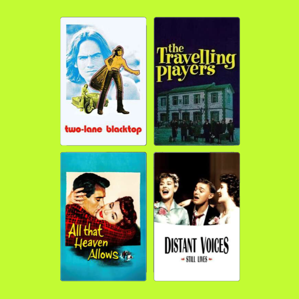 Four vintage movie posters arranged on a bright green background. The top left poster is for "Two-Lane Blacktop" featuring a man with long hair and a woman standing in front of a car. The top right poster is for "The Travelling Players" showing a gro