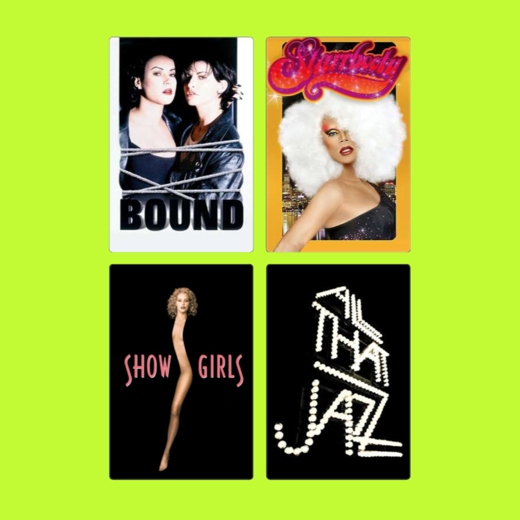 Four promotional images for a musical or show, featuring women in various costumes and styles, with titles "Bound," "Nymphsiny," "Show Girls," and a neon sign reading "The JAZE".