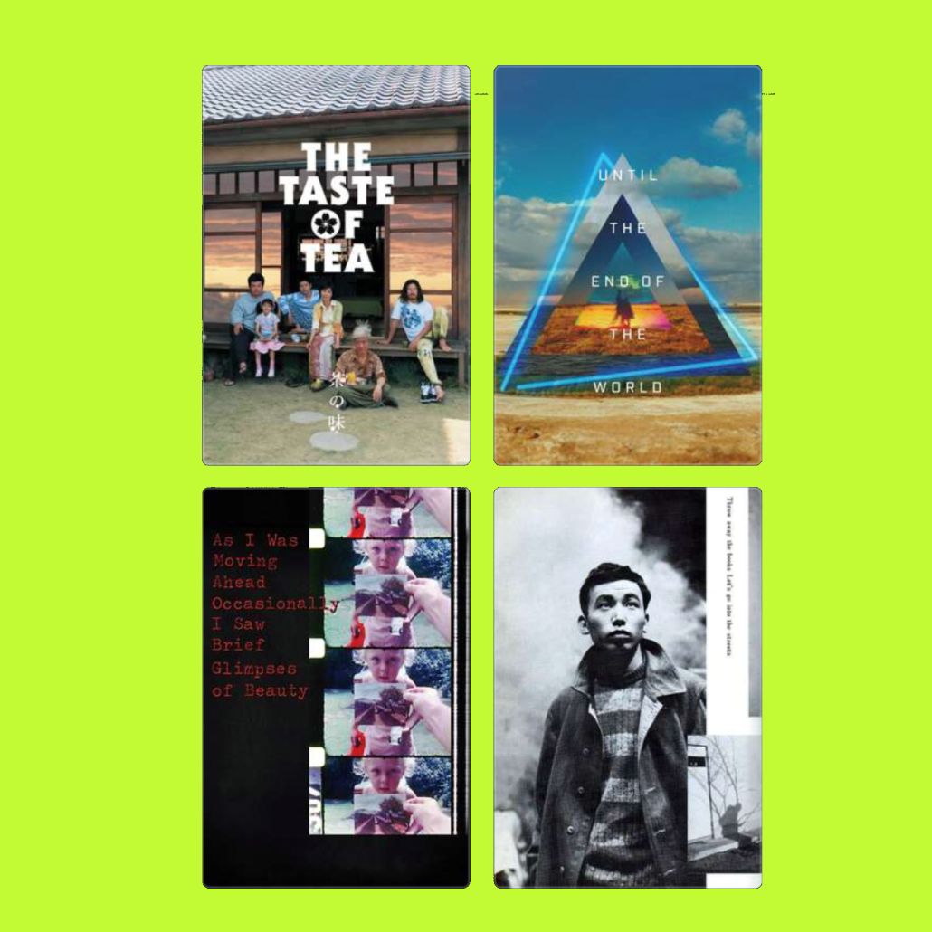 Four different photo collages with various themes, including a family group sitting outside, a digital art piece with a pyramid and landscape, a series of selfies with red text overlay, and a black-and-white portrait of a young man with a foggy backg