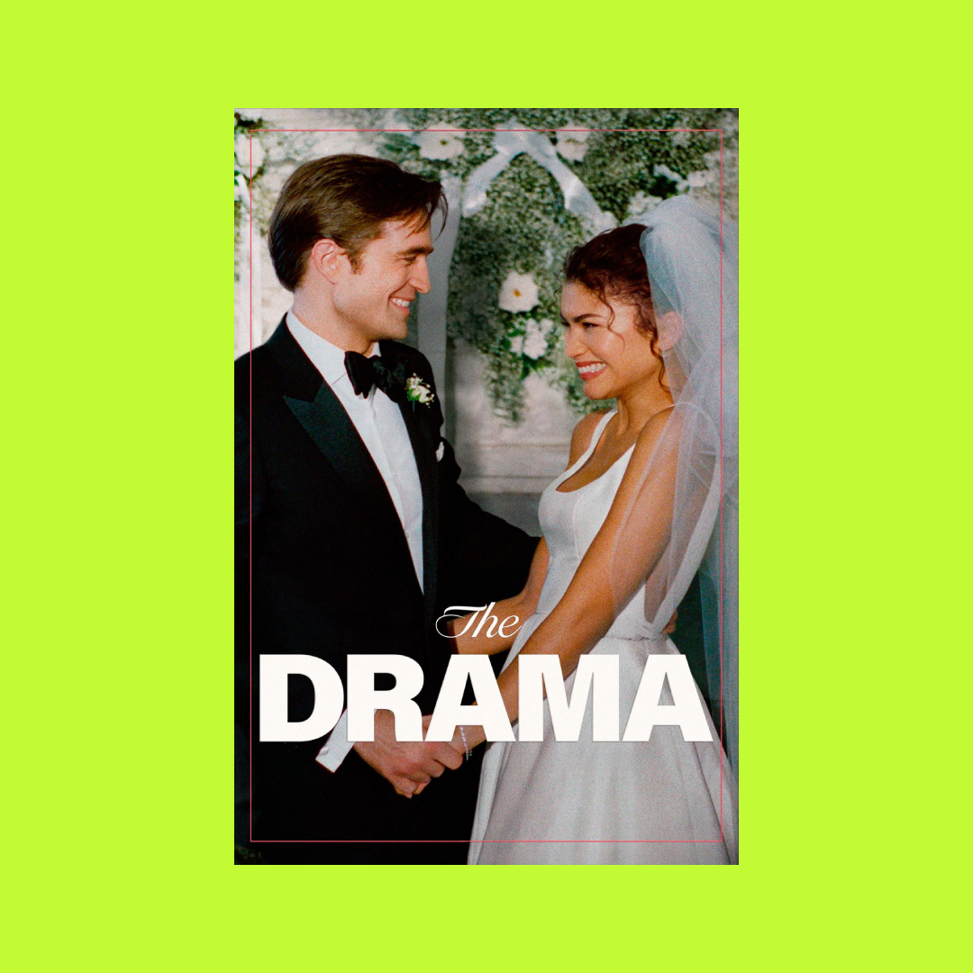 A wedding scene with a bride and groom holding hands and smiling at each other, with the text 'The Drama' overlaid.