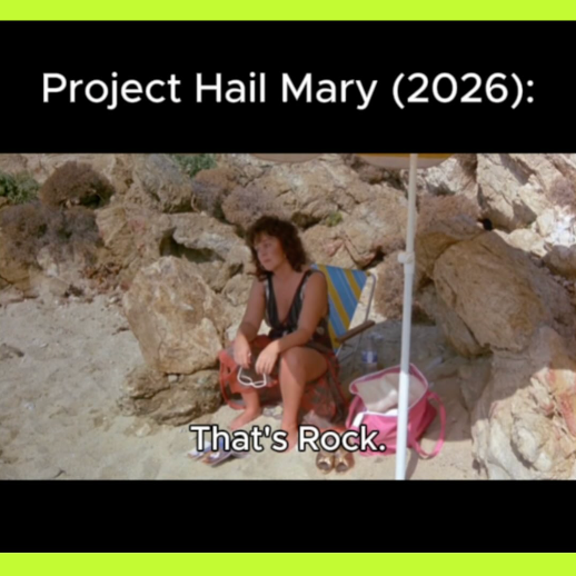 A woman sitting on rocks at the beach with a colorful chair behind her, umbrellas, a pink and white bag, and sunglasses on her lap. The text on the image reads, 'Project Hail Mary (2026): That's Rock.'