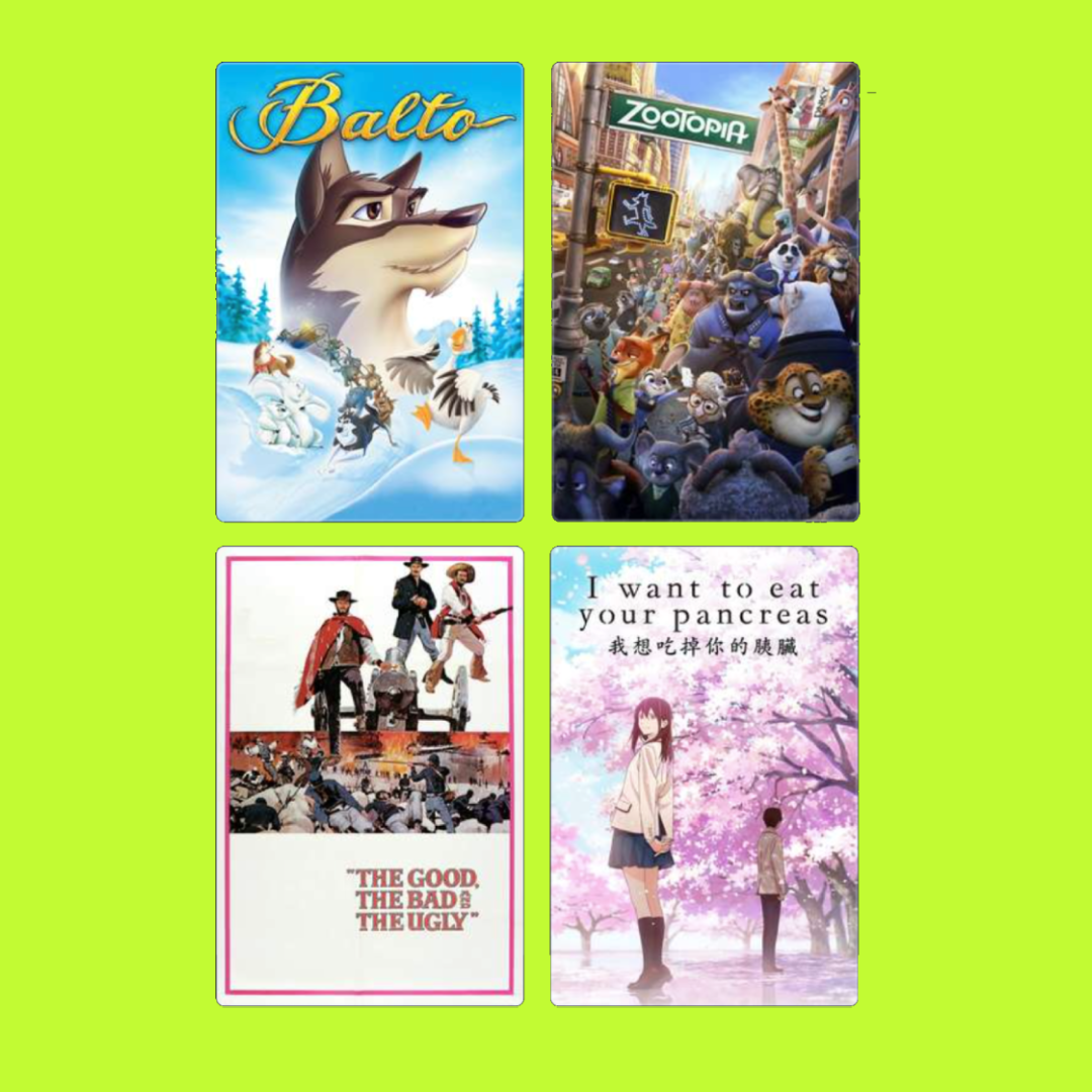 Four movie posters arranged in a grid on a bright green background. Top left is "Balto" featuring a husky dog in a snowy landscape. Top right is "Zootopia" with various animal characters in a city scene. Bottom left is "The Good, The Bad & The Ugly" 