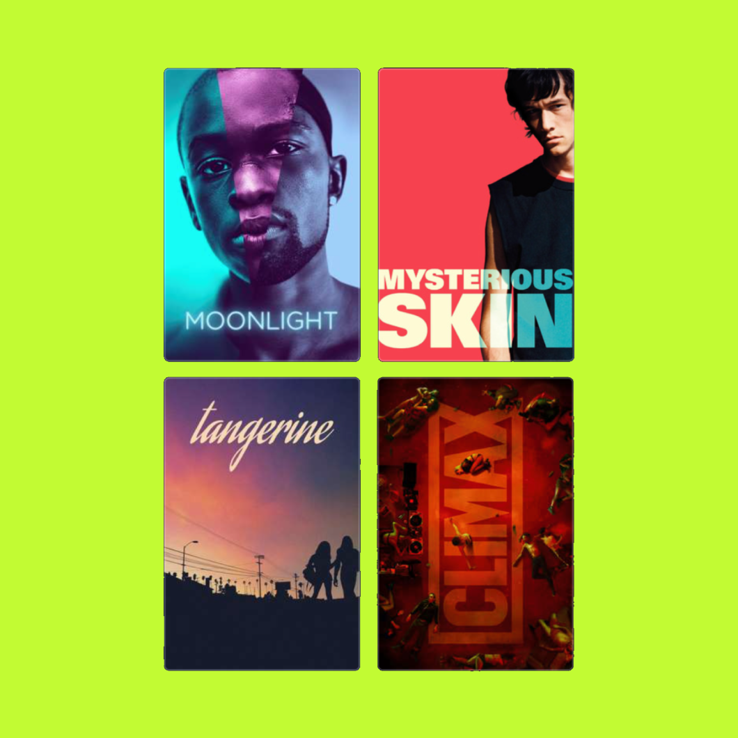 Four album covers arranged in a 2x2 grid on a bright green background. Top left features a portrait of a person with a blue and purple lighting, titled 'Moonlight.' Top right shows a young man with a serious expression, with the words 'Mysterious Ski